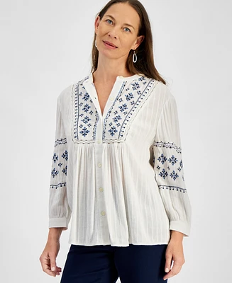 Style & Co Petite Embroidered Button-Front Long-Sleeve Top, Created for Macy's