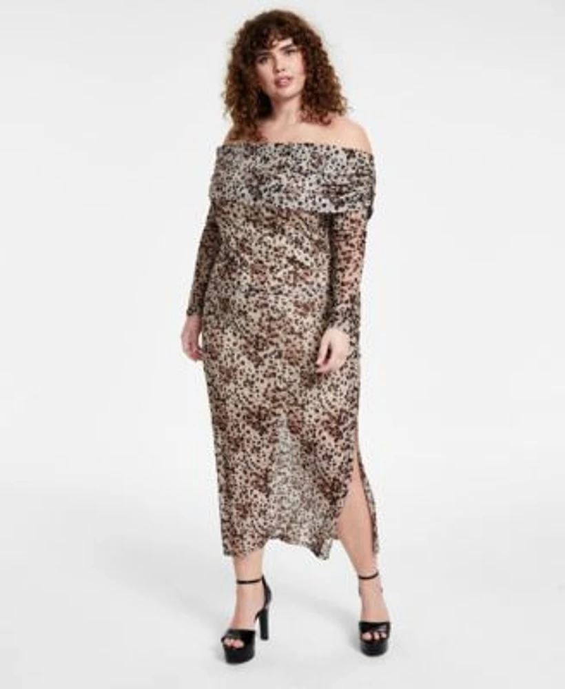 Bar Iii Trendy Plus Size Printed Off The Shoulder Mesh Top Cheetah Print Mesh Midi Skirt Created For Macys