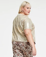 Bar Iii Trendy Plus Short-Sleeve Boxy Cropped Sequin Top, Created for Macy's