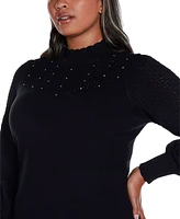 Belldini Black Label Plus Size Pointelle and Rhinestone Detail Sweater