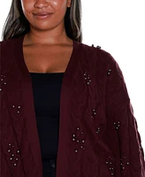 Belldini Black Label Plus Embellished Open-Front Cable Cardigan Sweater