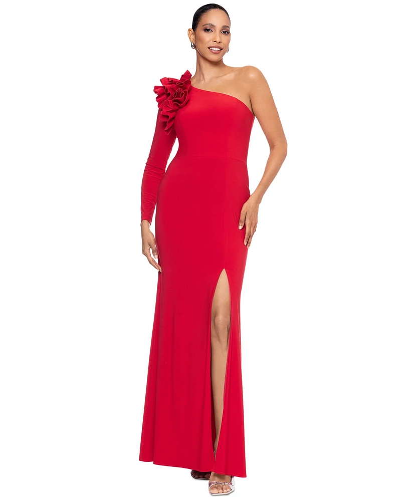 Xscape Petite One-Shoulder High-Slit Evening Gown