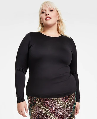 Bar Iii Trendy Plus Rhinestone-Trim Long-Sleeve Top, Exclusively at Macy's