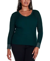 Belldini Black Label Plus Size Rhinestone-Trim Ribbed Sweater