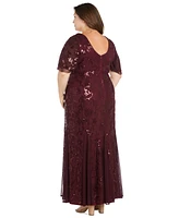 R & M Richards Plus Sequin Embellished Flutter-Sleeve V-Neck Gown