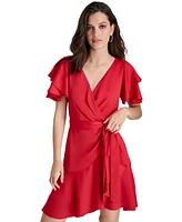 Dkny Petite Satin Flutter-Sleeve Tiered Dress