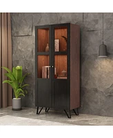 Famapy Brown 2-Door Wood Bookcase Bookshelf with 3-Tier Shelves