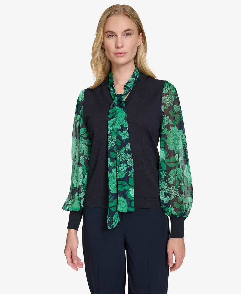 Tommy Hilfiger Women's Mixed-Media Tie-Neck Top