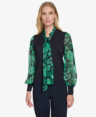Tommy Hilfiger Women's Mixed-Media Tie-Neck Top