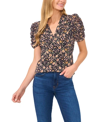 CeCe Women's Floral V-Neck Short Puff Sleeve Top