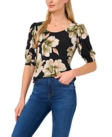 CeCe Women's Floral Crew Neck Knit Puff Sleeve Top