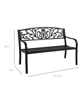 Best Choice Products Outdoor Steel Bench Garden Patio Porch Furniture w/ Floral Design Backrest, Slatted Seat