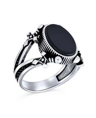 Bling Jewelry Urban Biker Large Statement Oval Flat Natural Black Onyx Signet Double Sword Ring Oxidized .925 Sterling Silver