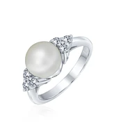 Bling Jewelry Bridal Party Cz Halo Side Stones White Solitaire Freshwater Cultured Pearl Engagement Cocktail Ring For Women .925 Sterling Silver