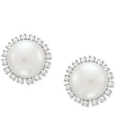 2-Pc. Set Cultured Freshwater Button Pearl (8 & 10mm) & Lab Created White Sapphire (7/8 ct. t.w.) Halo Pendant Necklace & Matching Stud Earrings in St