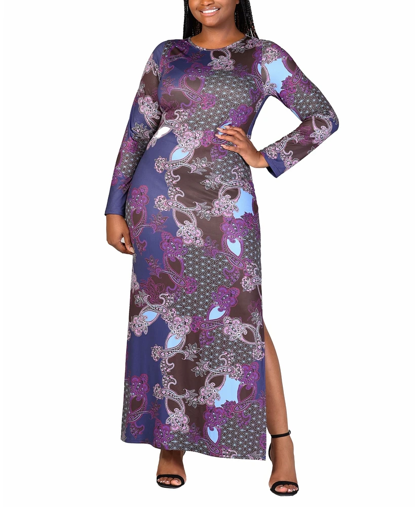 24seven Comfort Apparel Plus Paisley Long Sleeve Maxi Dress