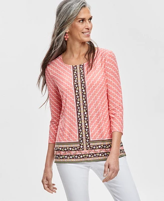 Jm Collection Petite Border-Print 3/4-Sleeve Top, Created for Macy's