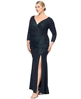 Xscape Plus Metallic-Threaded Gathered-Waist Dress