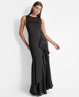 Dkny Women's Mesh-Yoke Cascading-Ruffle Evening Gown