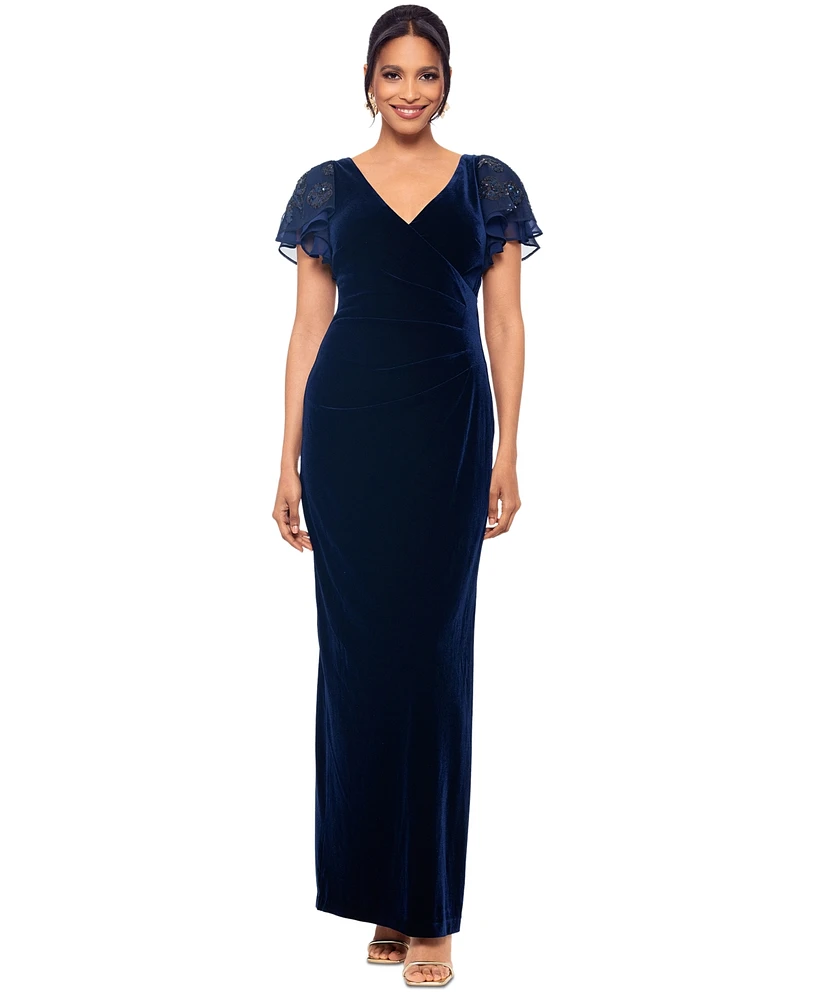 Betsy & Adam Women's Surplice-Neck Flutter-Sleeve Velvet Gown