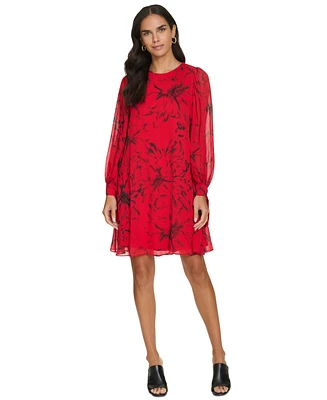 Calvin Klein Women's Long-Sleeve Printed Chiffon Dress