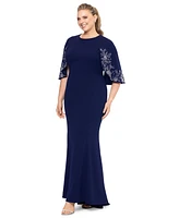 Betsy & Adam Plus Size Embellished Cape-Sleeve Gown