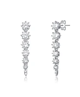 Genevive Sterling Silver Cubic Zirconia Linear Fringe Icicle Earrings in White Gold Plated or 14k Gold Plated