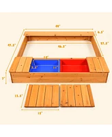 Costway Kids Cedar Sandbox w/ Storage Boxes & Bench Seats Children Outdoor Playset Backyard