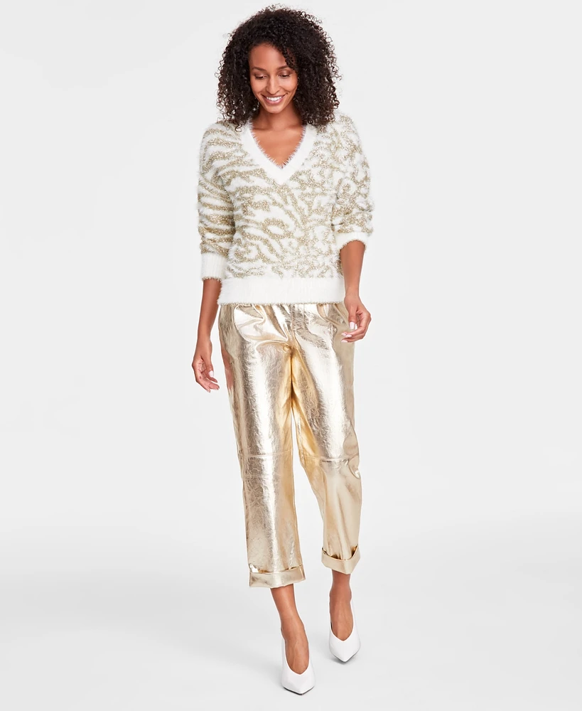 I.n.c International Concepts Women's Metallic Print Sweater, Created for Macy's