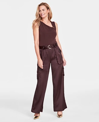 I.n.c. International Concepts Women's High-Rise Belted Satin Cargo Pants