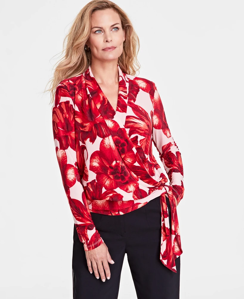 I.n.c. International Concepts Women's Printed Tie-Waist Surplice Blouse, Created for Macy's