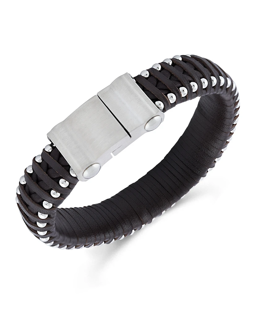 Rhona Sutton Silver Stainless Steel Contemporary Leather Studded Bracelet