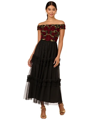 Adrianna Papell Petite Off-The-Shoulder Tulle-Skirt Dress