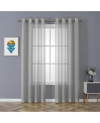 Kate Aurora 2 Piece Metallic Shimmer Chic Striped Flax Styled Sheer Grommet Top Curtains - Gold