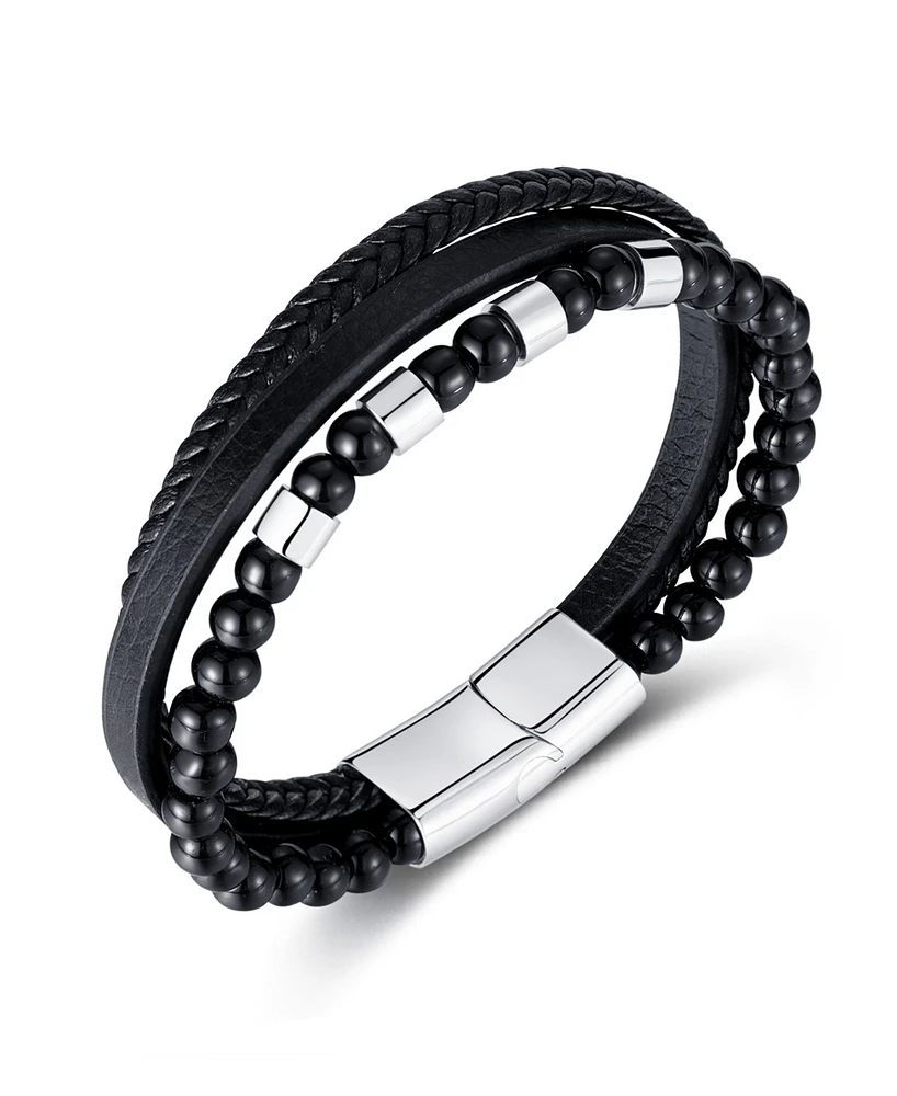 Rhona Sutton Black Leather Beaded Stainless Steel Bracelet