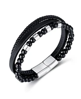 Rhona Sutton Black Leather Beaded Stainless Steel Bracelet