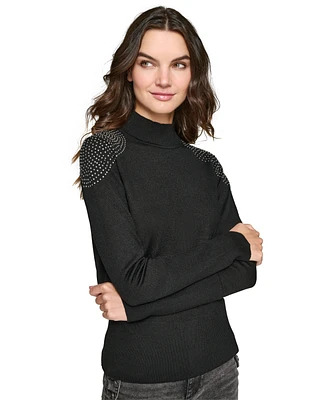 Karl Lagerfeld Paris Women's Studded-Shoulder Turtleneck Sweater