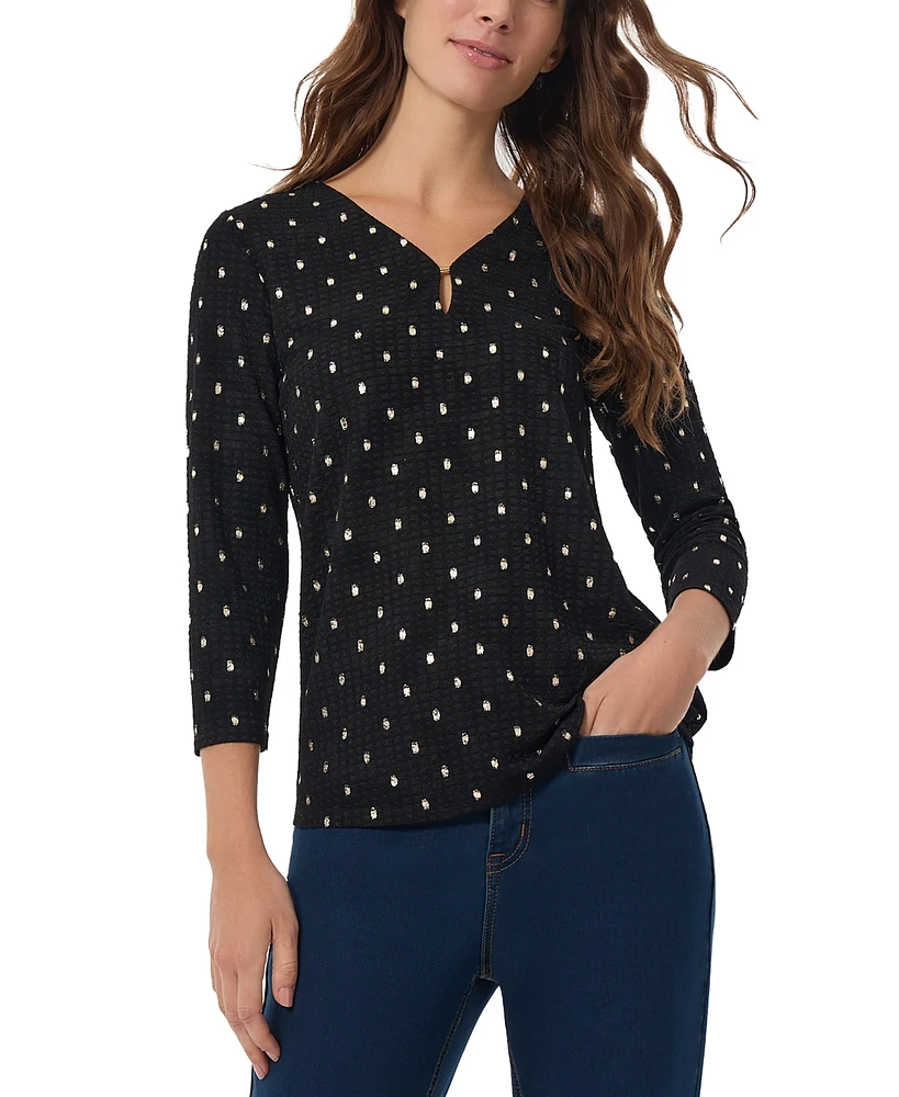 Jones New York Petite Printed Textured Keyhole 3/4-Sleeve Top