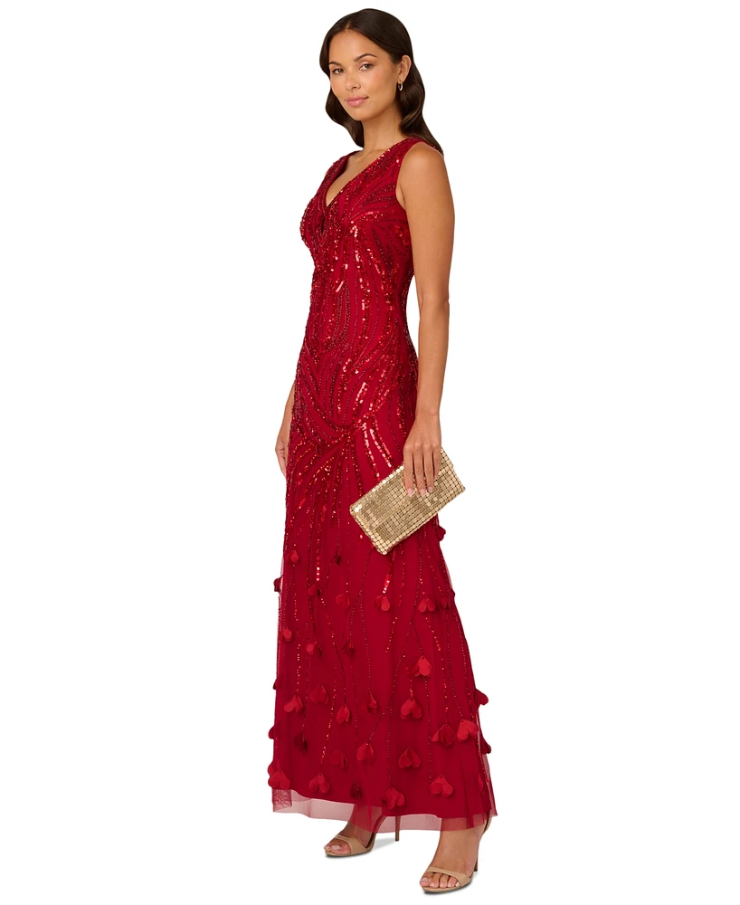 Adrianna Papell Women's V-Neck Beaded Petal-Trim Gown