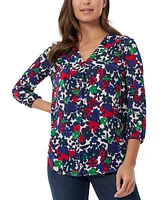 Jones New York Petite Floral Print Blouson-Sleeve V-Neck Blouse