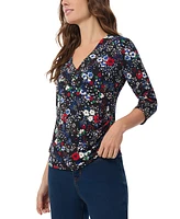 Jones New York Petite Printed 3/4-Sleeve Faux-Wrap Top