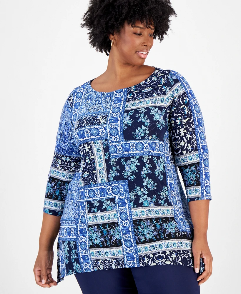 Jm Collection Plus Size Printed Swing Jacquard Top, Created for Macy's