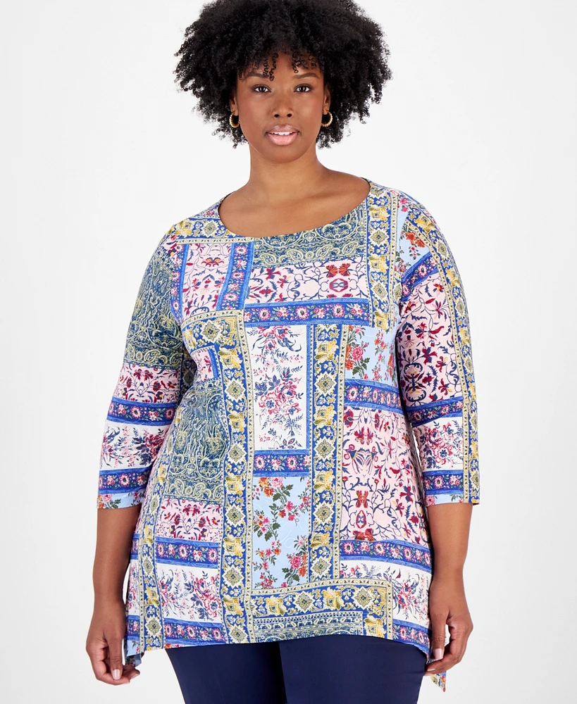 Jm Collection Plus Size Printed Swing Jacquard Top, Created for Macy's