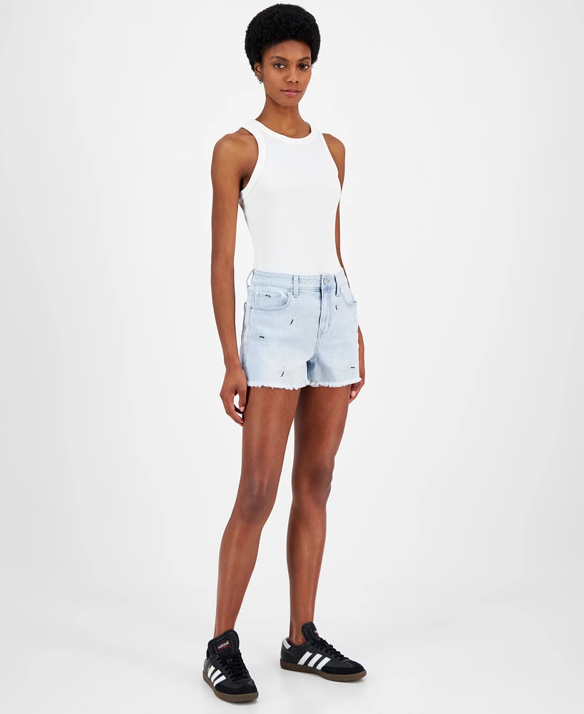 Indigo Rein Juniors' Floral Frayed-Hem Denim Shorts