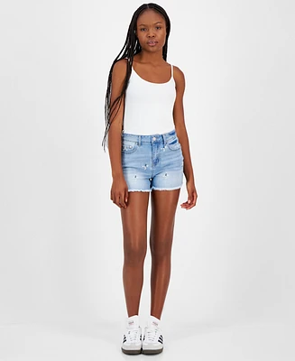 Indigo Rein Juniors' Floral Frayed-Hem Denim Shorts