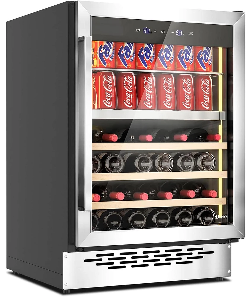 Jinjunye 24Inch Wine Cooler, Dual Zone Wine and Beverage Refrigerator, 84Can+28Bottle, Temp Control, Built