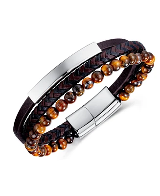 Rhona Sutton Black Tigers Eye Plated Leather Stainless Steel Bracelet