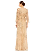 Mac Duggal Women's Beaded Striping Kimono Sleeve V Neck Gown