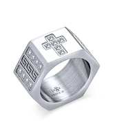 Bling Jewelry Religious Wide 6 Side Mens Christian Greek Key Cubic Zirconia Cz Accent Cross Statement Ring Band For Men Stainless Steel