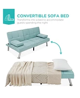 Best Choice Products Modern Linen Convertible Futon Sofa Bed w/ Removable Armrests, Metal Legs, Cupholders